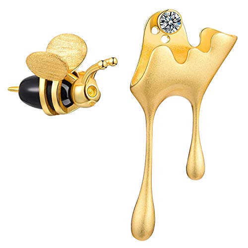 Lotus Fun S925 Sterling Silver Earrings Bee and Dripping Honey Asymmetric Stud Earrings for Women and Girls, Creative Handmade Unique Jewelry Gifts (Gold)
