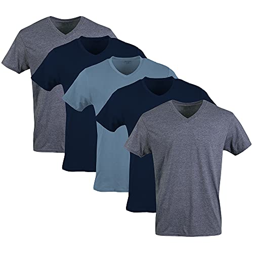 Gildan Men's V-neck T-shirts, Multipack Underwear, Navy/Heather Navy/Indigo Blue (5-pack), Large US