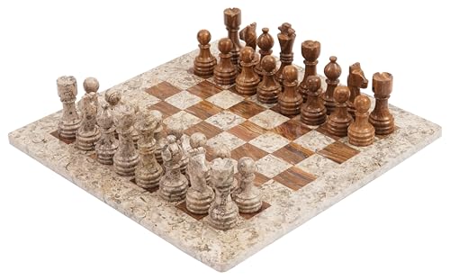 Radicaln Marble Chess Set 15 Inches Fossil Coral and Dark Brown Handmade Board Game Chess Sets for Adults - Travel Chess Game Set for 2 Player - 1 Chess Board & 32 Chess Pieces
