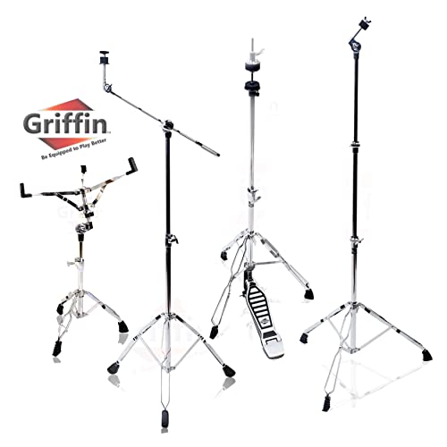 GRIFFIN Cymbal Stand Hardware Pack 4 Piece Set | Full Size Percussion Drum Hardware Kit with Snare Mount, Hi-Hat Pedal, Cymbal Boom, & Straight Cymbal Stand | Lightweight & Portable | Perfect for Gigs