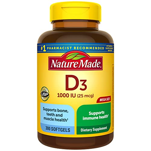 Nature Made Vitamin D3 1000 IU (25 mcg) Softgel, Dietary Supplement for Bone, Teeth, Muscle and Immune Health Support, 300 Day Supply,300 Count (Pack of 1)