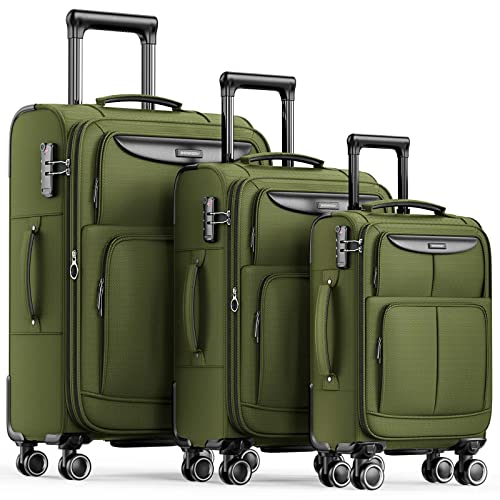 SHOWKOO Luggage Sets 3 Piece Softside Expandable Lightweight Durable Suitcase Sets Double Spinner Wheels TSA Lock Olive Green (20in/24in/28in)