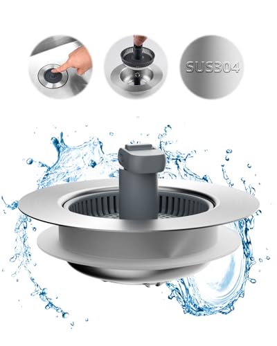 Hibbent Upgraded 3 in 1 Universal Kitchen Sink Drain Strainer and Stopper Combo, Stainless Steel Metal Pop Up Stopper, Anti-Clogging Basket Strainer with Foldable Handle for Standard 3-1/2'' Drain