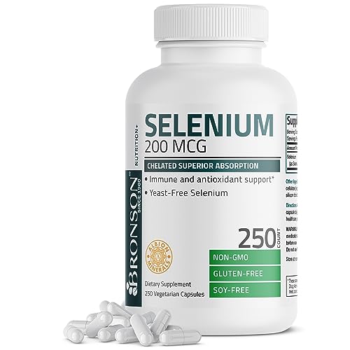 Bronson Selenium 200 mcg – Yeast Free Chelated Amino Acid Complex - Essential Trace Mineral with Superior Absorption, 250 Vegetarian Capsules