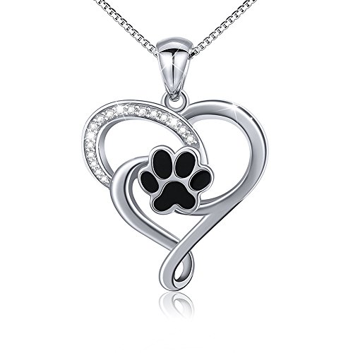 Ladytree S925 Sterling Silver Puppy Dog Cat Pet Paw Print Love Heart Pendant Necklace 18'