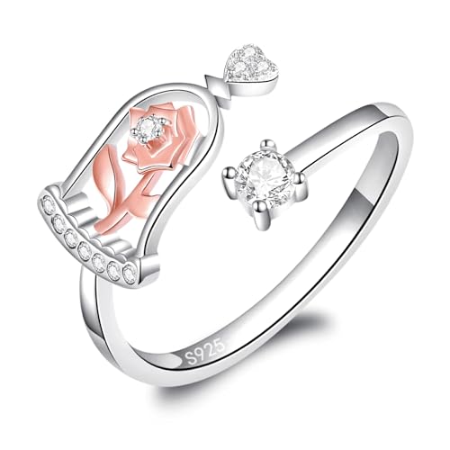JXJL Woman Ring Adjustable Silver Jewelry Beauty Beast Rose Flower Cute Open Finger Rings Gifts for Valentines Day Mothers Day X'mas Birthday for Women …