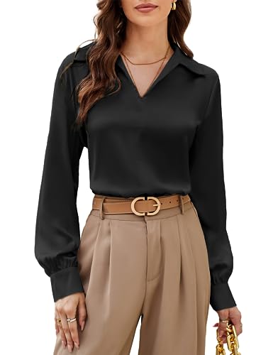 Satin Silk Blouse for Women Lapel V Neck Long Sleeve Casual Work Blouse Shirts Pullover Tops Black M