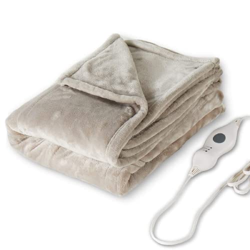 Tefici Electric Heated Blanket Throw, Super Cozy Soft 2-Layer Flannel 50' x 60' Heated Throw with 3 Heating Levels & 4 Hours Auto Off, Machine Washable, ETL&FCC Certified, Home Office Use,Camel
