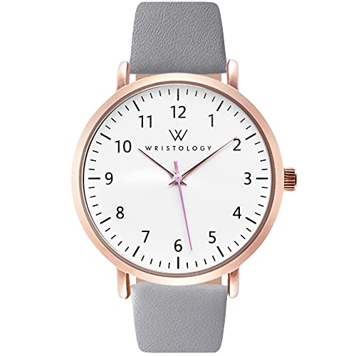 Wristology Numbers Womens Nurse Watch Leather Strap in Rose Gold - Interchangeable Grey Genuine Leather Band Watch - Large Easy Read Analog Watch for Women, Men, Girls, Nurses, Teachers, OC065