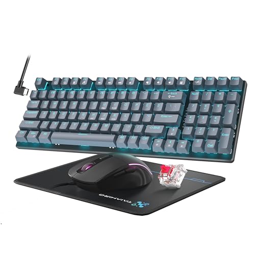 Mechanical Gaming Keyboard and Mouse, 98 Keys LED Backlit Keyboard with Gray Floating Keycap Red Switch, Ergonomic RGB Gaming Mouse with Mouse Pad Combo, Anti-Ghost Wired Keyboard for PC Laptop Gamer