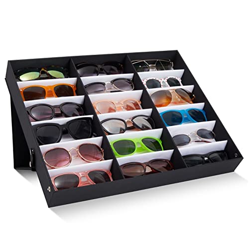 Juvale 18 Slot Sunglass Organizer, Display Case Storage for Women and Men, Eyeglasses (Black, 18.7 x 14.9 x 2.4 In)