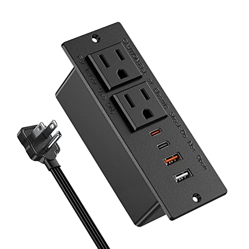 Recessed Power Strip with 30W USB C,Ultra Thin Flat Plug Power Strip,2 Outlets 4 USB Ports,Furniture Flush Mount Desk Outlet,Recessed Outlet for Side Table/Sofa Table,6ft Cord (Black)