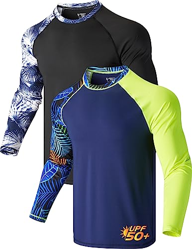 Liberty Pro 2-Pack Men's UV Long Sleeve Swim Shirts Loose Fit Rash Guards (Contrast Sleeves Navy/Black, X-Large)