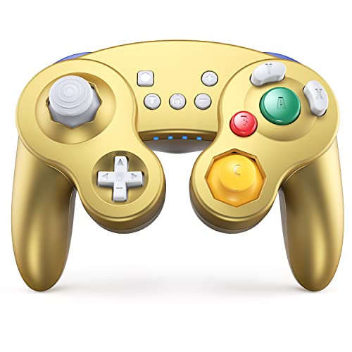 EXLENE Gamecube Controller Switch, Wireless Switch Pro Controller for Nintendo Switch/Lite/PC/Android/iOS/Steam, Support Wake Up, Motion, Adjustable Rumble, Turbo & Auto Turbo (Gold)