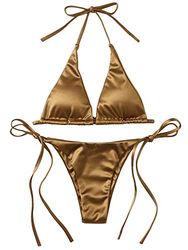 SOLY HUX Women's Metallic Halter Top Two Piece Swimsuit Tie Side Triangle Bikini Gold S