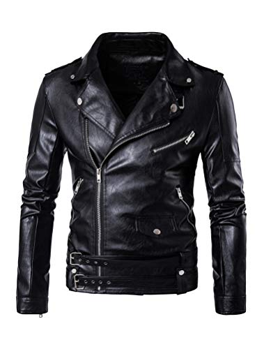 PASOK Men's PU Leather Jacket Causal Belted Faux Leather Motorcycle Jacket Zipper Biker Coat Black XL