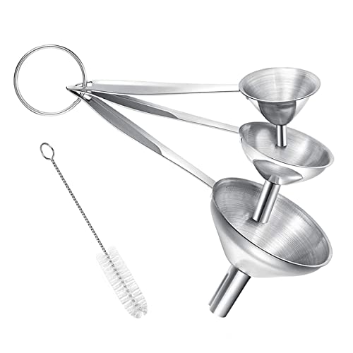 Small Funnels for Filling Bottles, 3 Pcs Stainless Steel Kitchen Funnel Set with Long Handle, Food Grade Mini Metal Funnel for Transferring Oil Liquid, Easy Cleaning with a Brush