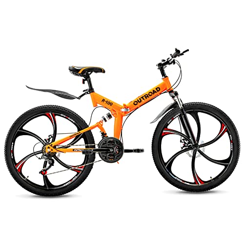 Outroad 26 Inch Folding Mountain Bike, 21 Speed Full Suspension High-Carbon Steel MTB Foldable Bicycle, Dual Disc Brake Non-Slip Folding Bikes for Adults/Men/Women, Orange