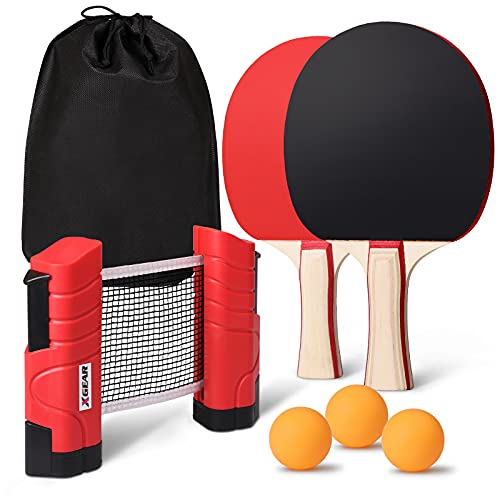 XGEAR Anywhere Ping Pong Equipment to-Go Includes Retractable Net Post, 2 Ping Pong Paddles, 3 pcs Balls, Attach to Any Table Surface