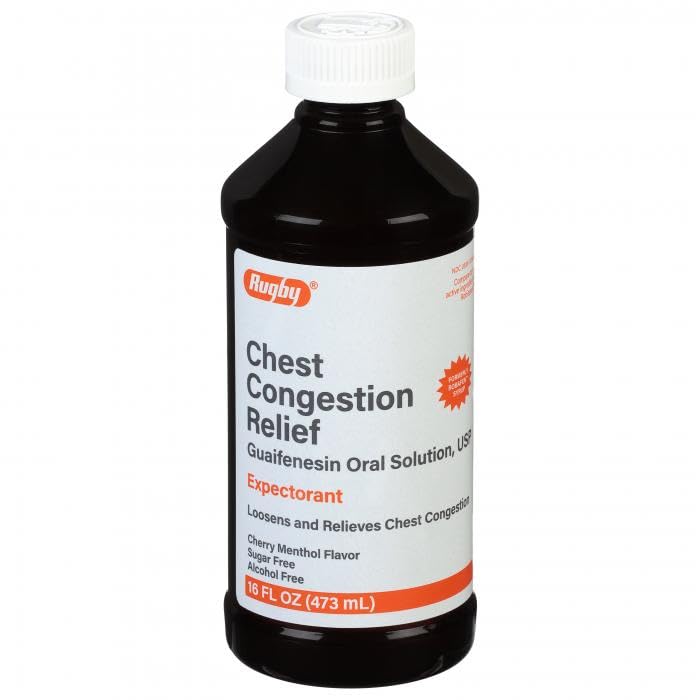 Rugby Chest Congestion Relief Guaifenesin 100 mg Expectorant Cherry Menthol Flavored Cough Syrup - 16 Fl Oz