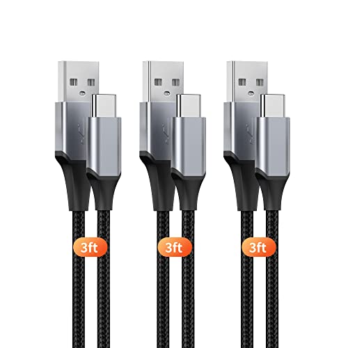 Hrbzo USB-C Cable 3A Fast Charging, 3-Pack 3ft USB A to Type C Charge Nylon Braided Cord Compatible with 15/15Plus/15Pro/15Promax Galaxy S20 S10 S9 S8 Plus Note 10 9 8,PS5,USB C Charger (Black)