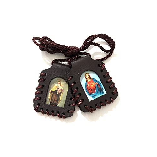 AA Sacred Heart of Jesus Christ and Heart of Jesus and Our Lady of Mount Carmel Leather Scapular (LSWCARD-BRN)