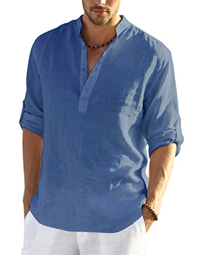 COOFANDY Men's Cotton Linen Henley Shirt Long Sleeve Hippie Casual Beach T Shirts Denim Blue
