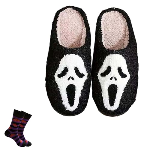 Scream Ghostface Slippers, Ghost Face Slippers, Spooky Slides for Women Men, Fluffy Cozy Indoor Outdoor House Shoes (White, Adult, Women, 10.5, Numeric Range, US Footwear Size System, 11, Medium)