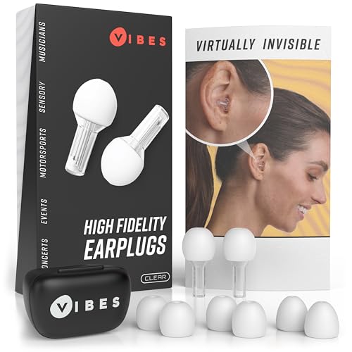 Vibes High Fidelity Concert Ear Plugs, Invisible Earplugs for Musicians, Motorcycles, Airplanes, Raves, Work - Noise Reduction 15 NRR and Hearing Protection -22dB - Fits All Ears (Clear)