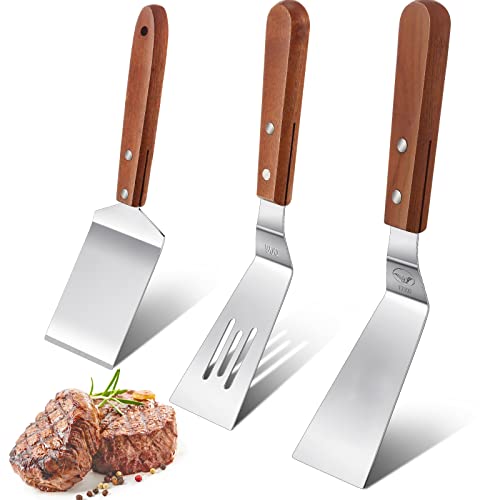 3 Pieces Stainless Steel Cooking Spatula Set Flat Top Metal Spatula Stainless Steel Wire Cheese Cutter Tool Slotted Spatula with Wooden Handle for Grilling Frying and Cooking