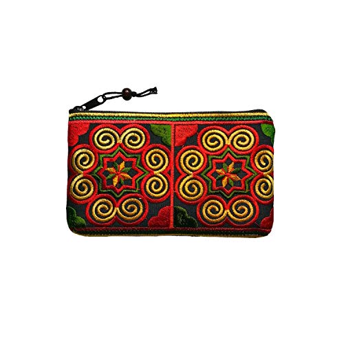 Sabai Jai Coin Purse Handmade Embroidered Bag Ethnic Boho Zipper Change Pouch,Small,Red/Orange