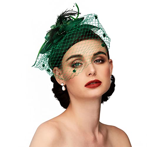 TS Fascinators Hat Tea Party Hat Mesh Floral Feather Hair Clip Girls and Women Fascinator Headband with Veil for Wedding Cocktail Green