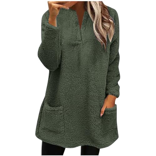 Women’s Casual Sherpa Fleece Lined Tops V Neck Long Sleeve Loungewear with Pocket Winter Warm Sweatshirts 2023 fleece hoodie blanket women Army Green XXL