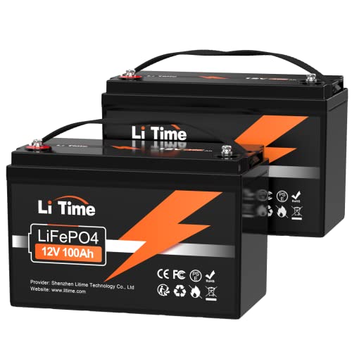 LiTime 12V 100Ah LiFePO4 Lithium Battery (2-Pack), 4000~15000 Deep Cycle Lithium Iron Phosphate Battery 1280Wh Support in Series/Parallel, for RV, Camping, Marine, Trolling Motor, Solar