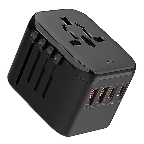 All-in-One International Travel Adapter, UNILLQSS 20W GaN Fast Charging Worldwide Universal European Plug Adapter with Dual USB-C PD and Dual USB-A QC Ports (TR02 Black)