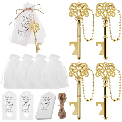 20 PCS Vintage Skeleton Key Bottle Opener with Organza Bags, Thank You Tags, Jute Rope and Chains - Perfect Wedding Gifts and Baby Shower Favors for Guests (Gold)