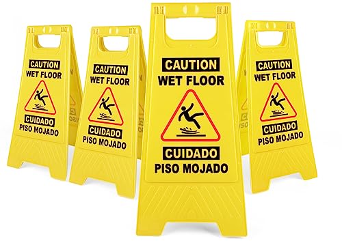 XPCARE 4-Pack Caution Wet Floor Sign,Bilingual Warning Signs,2-Sided Fold-Out,A Frame Safety Wet Floor Signs Commercial,24 Inches,Yellow