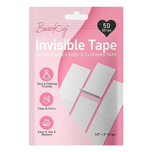 BearKig 50-Strips Double-Sided Tape for Fashion, Tape for Clothes, Fabric Tape for Women Clothing and Body, All Day Strength Tape Adhesive, Invisible and Clear Tape for Sensitive Skins