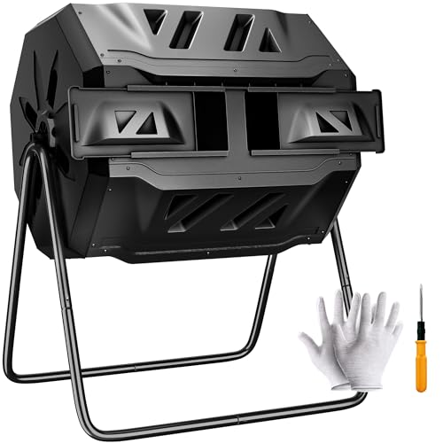 F2C Compost Bin Outdoor Dual Chamber Tumbling Composter 43 Gallon BPA Free Large Tumbler Composters Tumbling or Rotating w/Sliding Doors & Solid Steel Frame Garden Yard Black