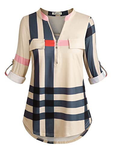 Moyabo Fall Tops Womens 2023 Women's 3/4 Cuffed Sleeve Zip Notch V Neck Casual Plaid Tunic Shirt Blouse Top Apricot Large