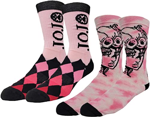 Ripple Junction JoJo's Bizarre Adventure Adult Crew Socks Giorno Pink Tie Dye and Argyle Officially Licensed 2-Pack