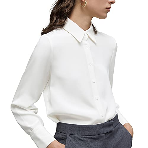 YAMANMAN Women's Button Down Shirt Classic Long Sleeve Collared Tops Work Office Chiffon Blouse White