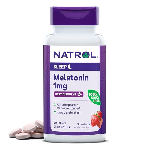 Natrol Melatonin Fast Dissolve Tablets, Helps You Fall Asleep Faster, Stay Asleep Longer, Easy to Take, Dissolves in Mouth, Faster Absorption, Maximum Strength, Strawberry Flavor, 1mg, 90 Count
