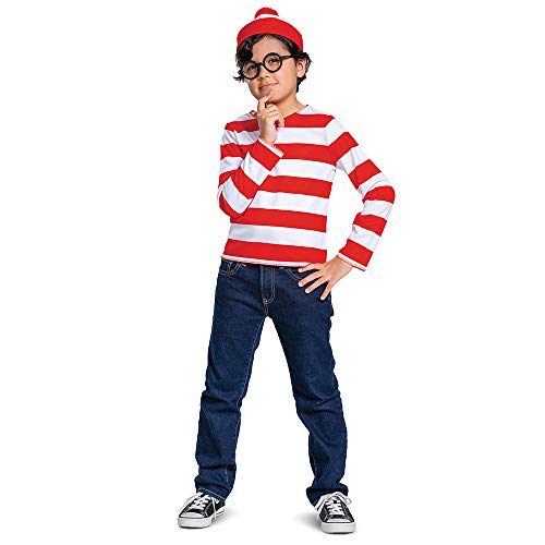 Wheres Waldo Halloween Costume, Official Waldo Costume Set with Shirt and Cap with Glasses Outfit, Classic Child Size Medium (7-8) Multicolored