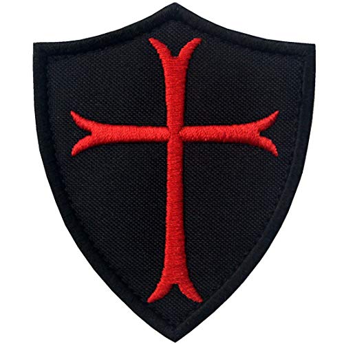 Knights Templar Cross Shield Military Morale Embroidered Fastener Hook & Loop Patch - Black & Red