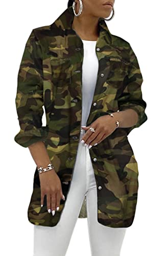 SeNight Women's Camouflage Jacket Casual With Pockets Sexy V Neck Long Sleeve Button Down Denim Coat