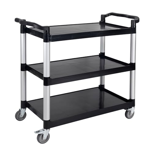 UNICOO Heavy Duty Plastic Utility Cart 550lbs, 3-Tier Rolling Service Cart with Lockable & Silent Wheels, Anti-Rust & Easy Clean for Restaurant, Office, Garage & More, 41x19.5x39 Inches (Black)