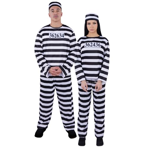 Party Expert Jailbird Costume for Adults, Black & White stripped prisoner jumpsuit outfit for Halloween (Standard)