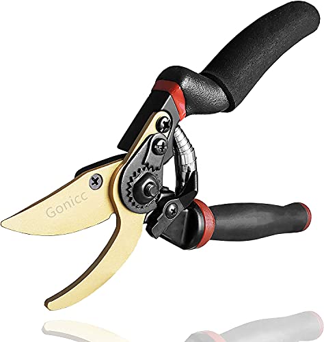 gonicc 8.5' Professional Rotating Bypass Titanium Coated Pruning Shears(GPPS-1014), Secateurs, Scissors, Pruners with Heavy Duty SK5 Blade. Soft Cushion Grip Handle for Everyone.