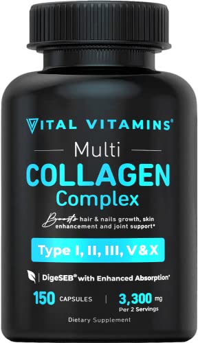Vital Vitamins Collagen for Women & Men - Type I, II, III, V, X Multi Collagen Pills - Grass Fed, Non-GMO - 150 Capsules